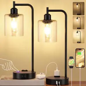 Industrial Touch Table Lamps for Bedrooms Set of 2 - 3-Way Dimmable Lamps with USB C+A Ports and Outlet, Black Bedside Lamps with Seeded Clear Glass Shade for Living Room, Desk Lamps for Home Office Industrial Touch Table Lamps for Bedrooms Set of 2 - 3-Way Dimmable Lamps with USB C+A Ports and Outlet, Black Bedside Lamps with Seeded Clear Glass Shade for Living Room, Desk Lamps for Home Office