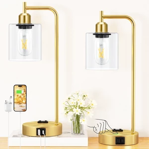 Industrial Gold Table Lamp for Bedrooms Set of 2-3-Way Dimmable Desk Lamp with USB C+A Ports and Outlet, Gold Lamps with Clear Glass Shade for Living Room, Desk Lamps for Home Office Industrial Gold Table Lamp for Bedrooms Set of 2-3-Way Dimmable Desk Lamp with USB C+A Ports and Outlet, Gold Lamps with Clear Glass Shade for Living Room, Desk Lamps for Home Office