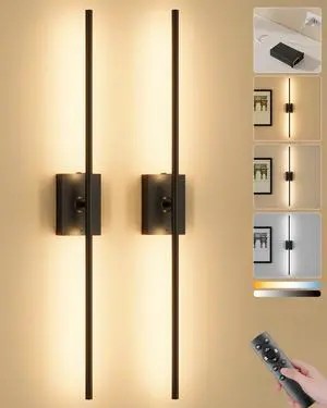 Battery Operated Wall Sconces Set of 2, Remote Control, 10000mAh, Black Wireless Rechargeable 3000-6000K Dimmable 350° Rotate Wall Light with Remote for Living Room Bedroom TV Wall Mirror 23.6in Battery Operated Wall Sconces Set of 2, Remote Control, 10000mAh, Black Wireless Rechargeable 3000-6000K Dimmable 350° Rotate Wall Light with Remote for Living Room Bedroom TV Wall Mirror 23.6in