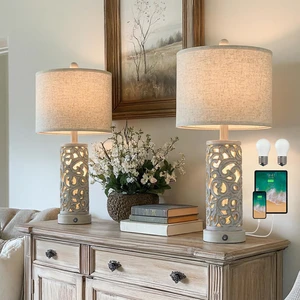 Bedside Table Lamps Set of 2 with Night Light, 22'' Distressed Grey Bedroom Lamps for Nightstand,Hand-Carved Openwork,Built-in USB with Bulbs,Rustic Vintage Design,Ideal for Nursery Hallway Bedside Table Lamps Set of 2 with Night Light, 22'' Distressed Grey Bedroom Lamps for Nightstand,Hand-Carved Openwork,Built-in USB with Bulbs,Rustic Vintage Design,Ideal for Nursery Hallway