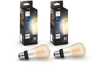 Smart 40W ST19 Filament LED Bulb - White Ambiance Warm-to-Cool White Light - 2 Pack - 550LM - E26 - Indoor - Control with Hue App - Works with Alexa, Google Assistant and Apple Homekit Smart 40W ST19 Filament LED Bulb - White Ambiance Warm-to-Cool White Light - 2 Pack - 550LM - E26 - Indoor - Control with Hue App - Works with Alexa, Google Assistant and Apple Homekit