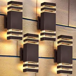 4 Pack Outdoor Wall Lights, Brown Exterior Lighting Fixtures Wall Mount, 2-Layer Modern Outdside Lights for House, Up and Down Outdoor Sconce Lights for Porch Patio Garage 4 Pack Outdoor Wall Lights, Brown Exterior Lighting Fixtures Wall Mount, 2-Layer Modern Outdside Lights for House, Up and Down Outdoor Sconce Lights for Porch Patio Garage