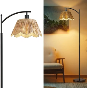 Boho Rattan Floor Lamp for Living Room, Farmhouse Standing Lamp with Hand-Woven Shade, Black Metal Base & Pole, Foot Switch - Corner Reading Lamp for Bedroom Boho Rattan Floor Lamp for Living Room, Farmhouse Standing Lamp with Hand-Woven Shade, Black Metal Base & Pole, Foot Switch - Corner Reading Lamp for Bedroom