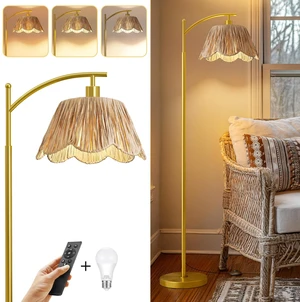 Boho Floor Lamp with 3 Color Temperatures, Farmhouse Floor Lamps for Living Room with Remote & Dimmable Bulb, Rattan Floor Lamp for Bedroom, Gold Boho Floor Lamp with 3 Color Temperatures, Farmhouse Floor Lamps for Living Room with Remote & Dimmable Bulb, Rattan Floor Lamp for Bedroom, Gold