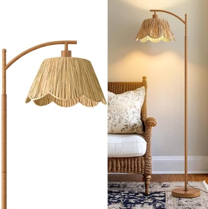 Rattan Floor Lamp for Bedroom, Boho Floor Lamp with Foot Switch, Farmhouse Standing Lamps for Living Room with Hand-Woven Shade, Walnut Metal Base & Pole Rattan Floor Lamp for Bedroom, Boho Floor Lamp with Foot Switch, Farmhouse Standing Lamps for Living Room with Hand-Woven Shade, Walnut Metal Base & Pole