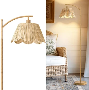 Boho Floor Lamp for Living Room, Farmhouse Standing Lamp with Foot Switch, Corner Reading Lamps for Bedroom with Hand-Woven Shade, Light Woodgrain Metal Base & Pole Boho Floor Lamp for Living Room, Farmhouse Standing Lamp with Foot Switch, Corner Reading Lamps for Bedroom with Hand-Woven Shade, Light Woodgrain Metal Base & Pole