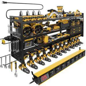 Large 49''Wide Power Tool Organizer Wall Mount, Charging Station 8 Dust-Protected TR Outlets | 620lb Capacity 4-Tier Garage Storage Rack | 12 Cordless Drill Holders | Holds 30+ Tools Large 49''Wide Power Tool Organizer Wall Mount, Charging Station 8 Dust-Protected TR Outlets | 620lb Capacity 4-Tier Garage Storage Rack | 12 Cordless Drill Holders | Holds 30+ Tools