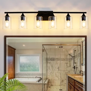 6-Light Matte Black Bathroom Light Fixtures, Over Mirror with Clear Glass Shade, Wall Light Sconce for Vanity Table, Hallway 6-Light Matte Black Bathroom Light Fixtures, Over Mirror with Clear Glass Shade, Wall Light Sconce for Vanity Table, Hallway
