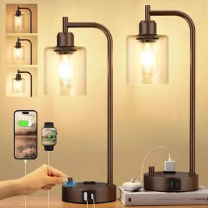 Industrial Table Lamps for Bedrooms Set of 2 - Fully Dimmable Bedside Lamps with USB Ports and Outlet, Brown Nightstand Lamps with Glass Shade for Living Room, Desk Lamps for Office Reading Industrial Table Lamps for Bedrooms Set of 2 - Fully Dimmable Bedside Lamps with USB Ports and Outlet, Brown Nightstand Lamps with Glass Shade for Living Room, Desk Lamps for Office Reading