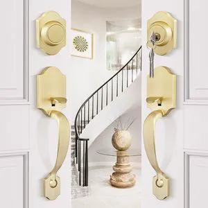 Double Front Door Lock Set, Gold Double Door Handlewith Dummy, Double Classic Front Door Hardware Set with Reversible Wave Handle Lever, Double Entry Door Lock Set Double Front Door Lock Set, Gold Double Door Handlewith Dummy, Double Classic Front Door Hardware Set with Reversible Wave Handle Lever, Double Entry Door Lock Set