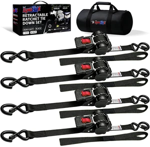 Retractable Ratchet Straps 1" x 13 Ft, Bolt-On, 1,800 Lbs, Black, 4 Pack Heavy Duty Tie Downs, Auto Self Retracting Design, Secure Cargo, For Trucks, Trailers, Motorcycles, ATVs and UTVs Retractable Ratchet Straps 1" x 13 Ft, Bolt-On, 1,800 Lbs, Black, 4 Pack Heavy Duty Tie Downs, Auto Self Retracting Design, Secure Cargo, For Trucks, Trailers, Motorcycles, ATVs and UTVs