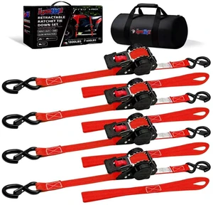Retractable Ratchet Straps 1" x 13 Ft, Bolt-On, 1,800 Lbs, 4 Pack Heavy Duty Tie Downs, Auto Retract, Secure Cargo, For Trucks, Trailers, Motorcycles, ATVs and UTVs Retractable Ratchet Straps 1" x 13 Ft, Bolt-On, 1,800 Lbs, 4 Pack Heavy Duty Tie Downs, Auto Retract, Secure Cargo, For Trucks, Trailers, Motorcycles, ATVs and UTVs