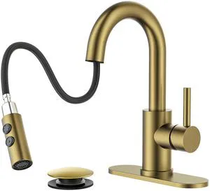 Bathroom Faucet 1 Hole Single Handle with Pull Down Sprayer Gold with 6-inch Deck Plate for 1 or 3 hole(4-inch centerset) Setup, Swivel Sink Faucet for RV Bar Laundry Vanity Utility Bathroom Faucet 1 Hole Single Handle with Pull Down Sprayer Gold with 6-inch Deck Plate for 1 or 3 hole(4-inch centerset) Setup, Swivel Sink Faucet for RV Bar Laundry Vanity Utility