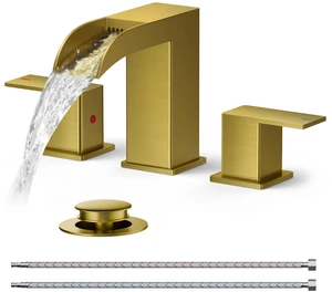 Bathroom Faucet 3 Hole 8 Inch Widespread Vanity Sink Brushed Gold Square Waterfall Bathroom Sink Faucet Two Handles with Pop-up Drain, Lead-Free, for RV Vanity Lavatory and Restroom Basin Bathroom Faucet 3 Hole 8 Inch Widespread Vanity Sink Brushed Gold Square Waterfall Bathroom Sink Faucet Two Handles with Pop-up Drain, Lead-Free, for RV Vanity Lavatory and Restroom Basin