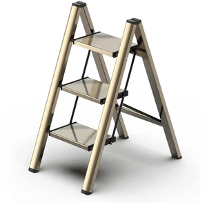 3 Step Ladder, Foldable Aluminum Step Stool with Anti-Slip Pedal Lightweight yet Sturdy, Portable, Non Slip Feet, 300Lbs Capacity, Elegant Look, for Kitchen, Closet, Pantry, Champagne Gold 3 Step Ladder, Foldable Aluminum Step Stool with Anti-Slip Pedal Lightweight yet Sturdy, Portable, Non Slip Feet, 300Lbs Capacity, Elegant Look, for Kitchen, Closet, Pantry, Champagne Gold