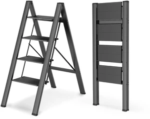 4 Step Ladder, Foldable Step Stool, 300lbs Load, Black Folded 43''H x 2''T; Net 9.9 lbs; Rigid Aluminum Steps; No Assembly; For Home, Kitchen, Office, Pantry, Closets, Cabinets 4 Step Ladder, Foldable Step Stool, 300lbs Load, Black Folded 43''H x 2''T; Net 9.9 lbs; Rigid Aluminum Steps; No Assembly; For Home, Kitchen, Office, Pantry, Closets, Cabinets