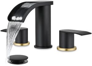 Waterfall Bathroom Faucet 3 Hole Round Body,Black&Brushed Gold SUS304 8 Widespread Bathroom Sink Faucet,2.17 Wide Spout,24 cUPC Hose,Pop Up Drain,2 Handle,Vanity,Lavatory,Basin,RV Waterfall Bathroom Faucet 3 Hole Round Body,Black&Brushed Gold SUS304 8 Widespread Bathroom Sink Faucet,2.17 Wide Spout,24 cUPC Hose,Pop Up Drain,2 Handle,Vanity,Lavatory,Basin,RV