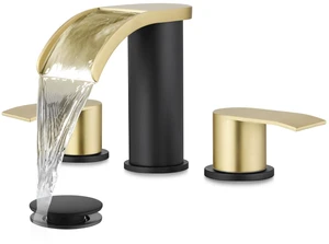 Waterfall Bathroom Faucet 3 Hole Round Body,Brushed Gold&Black SUS304 8 Widespread Bathroom Sink Faucet,2.17 Wide Spout,24 cUPC Hose,Pop Up Drain,2 Handle,Vanity,Lavatory,Basin,RV Waterfall Bathroom Faucet 3 Hole Round Body,Brushed Gold&Black SUS304 8 Widespread Bathroom Sink Faucet,2.17 Wide Spout,24 cUPC Hose,Pop Up Drain,2 Handle,Vanity,Lavatory,Basin,RV
