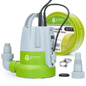 Green Expert 1/3HP Submersible Sump Pump Kit with 25FT Lay-Flat Discharge Hose, Pump with Hose, Water Sensor Automatic/Manual Low Water Drain Pump for Basement Pool Cover Hot Tub Green Expert 1/3HP Submersible Sump Pump Kit with 25FT Lay-Flat Discharge Hose, Pump with Hose, Water Sensor Automatic/Manual Low Water Drain Pump for Basement Pool Cover Hot Tub