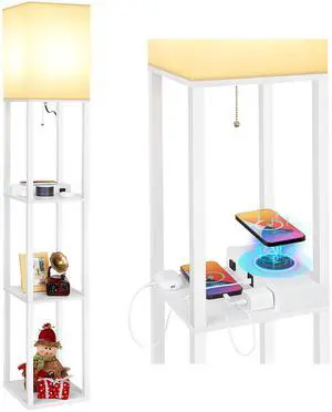 Shelf Floor Lamp with Wireless Charger, USB, Type C, AC Port,White Fast Charging USB Ports & Type C Port & 2 Power Outlets, 3 Tier Storage Shelf Lamp, E26 Base, 60W Max(Bulb Not Included) Shelf Floor Lamp with Wireless Charger, USB, Type C, AC Port,White Fast Charging USB Ports & Type C Port & 2 Power Outlets, 3 Tier Storage Shelf Lamp, E26 Base, 60W Max(Bulb Not Included)