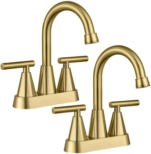 Brushed Gold Bathroom Faucets, Centerset Bathroom Sink Faucet, 2 Pack 4 Inch with Pop Up Drain and Supply Hoses, 2 Handle Stainless Steel Faucet for Vanity, RV, Farmhouse, 2 or 3 Hole Brushed Gold Bathroom Faucets, Centerset Bathroom Sink Faucet, 2 Pack 4 Inch with Pop Up Drain and Supply Hoses, 2 Handle Stainless Steel Faucet for Vanity, RV, Farmhouse, 2 or 3 Hole