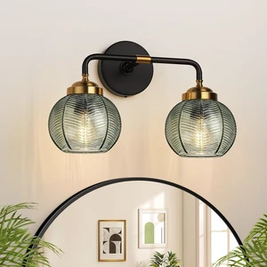 Bathroom Light Fixtures, 2-Light Green Vanity Lights with Unique Leaf Texture Glass Shade, Modern Matte Black and Gold Bathroom Wall Lamp for Mirror Hallway Cabinet Living Room Bathroom Light Fixtures, 2-Light Green Vanity Lights with Unique Leaf Texture Glass Shade, Modern Matte Black and Gold Bathroom Wall Lamp for Mirror Hallway Cabinet Living Room