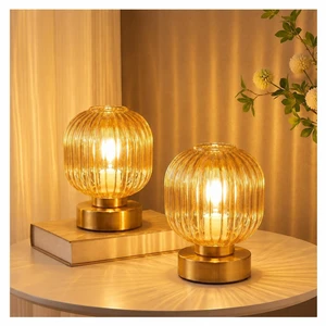 Amber Touch Glass Table Lamp Set of 2, 3-Way Dimmable Bedside Lamps, Vintage Mid-Century Modern Nightstand Lamps for Bedroom and Living Room, Ambient Mood Lighting, LED Bulb Included Amber Touch Glass Table Lamp Set of 2, 3-Way Dimmable Bedside Lamps, Vintage Mid-Century Modern Nightstand Lamps for Bedroom and Living Room, Ambient Mood Lighting, LED Bulb Included
