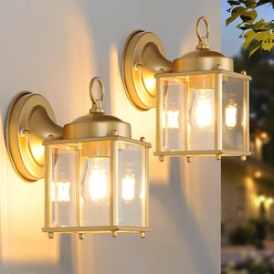 Outdoor Wall Lantern, Exterior Waterproof Wall Sconce Light Fixtures, Gold Front Door Lighting with Clear Beveled Glass Shade, 2 Pack Outdoor Wall Lantern, Exterior Waterproof Wall Sconce Light Fixtures, Gold Front Door Lighting with Clear Beveled Glass Shade, 2 Pack