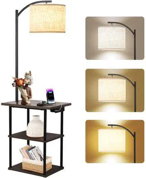 Floor Lamp with Table, End Tables with Charging Station USB, Type-C & AC Outlet; 3 Color Temperatures 9W LED Bulb, Modern Side Table with 3 Shelves for Living Room, Bedroom Floor Lamp with Table, End Tables with Charging Station USB, Type-C & AC Outlet; 3 Color Temperatures 9W LED Bulb, Modern Side Table with 3 Shelves for Living Room, Bedroom