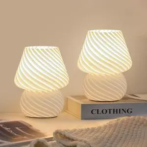 Mushroom Lamps Set of 2 - Small Bedside Table Lamp with Striped Glass, Nightstand Lamp for Bedroom, Living Room, Bulb Included(White) Mushroom Lamps Set of 2 - Small Bedside Table Lamp with Striped Glass, Nightstand Lamp for Bedroom, Living Room, Bulb Included(White)
