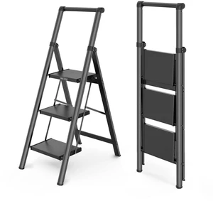 3 Step Ladders for Home, 300lbs Load, 26'' Top Step, Black 8ft Reach; For Closets, Kitchens; Anti-Slip Feet Suit Wood, Tile, Carpet; Rigid Aluminum Pedals; Handrail Adds Balance 3 Step Ladders for Home, 300lbs Load, 26'' Top Step, Black 8ft Reach; For Closets, Kitchens; Anti-Slip Feet Suit Wood, Tile, Carpet; Rigid Aluminum Pedals; Handrail Adds Balance