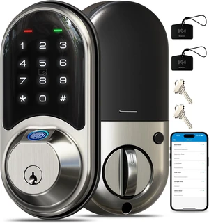 RZ07 Fingerprint Smart Door Lock Deadbolt, App Control, Satin Nickel Remote Access Sharing, Fob Unlock, Keyless Entry for Front Door, Auto Lock, User Management, Easy Install, Low Battery Alarm RZ07 Fingerprint Smart Door Lock Deadbolt, App Control, Satin Nickel Remote Access Sharing, Fob Unlock, Keyless Entry for Front Door, Auto Lock, User Management, Easy Install, Low Battery Alarm