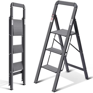 Aluminium 3 Step Ladder, Lightweight Step Stool with Non-Slip Pedals, Handrail, 330 LBS Foldable Step Ladder for Kitchen, Garage, Home, Space Saving, Sturdy and Portable, Black Aluminium 3 Step Ladder, Lightweight Step Stool with Non-Slip Pedals, Handrail, 330 LBS Foldable Step Ladder for Kitchen, Garage, Home, Space Saving, Sturdy and Portable, Black