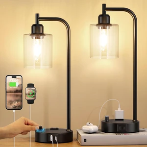 Industrial Nightstand Lamps for Bedrooms Set of 2 - Fully Dimmable Bedside Lamps with USB A C Ports and Outlet, Black Table Lamps with Clear Glass Shade for Living Room, Desk Lamps for Office Reading Industrial Nightstand Lamps for Bedrooms Set of 2 - Fully Dimmable Bedside Lamps with USB A C Ports and Outlet, Black Table Lamps with Clear Glass Shade for Living Room, Desk Lamps for Office Reading