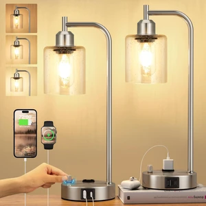 Industrial Table Lamps for Bedrooms Set of 2 - Fully Dimmable Bedside Lamps with USB A and C Ports and Outlet, Nickel Nightstand Lamps with Glass Shade for Living Room, Desk Lamps for Office Reading Industrial Table Lamps for Bedrooms Set of 2 - Fully Dimmable Bedside Lamps with USB A and C Ports and Outlet, Nickel Nightstand Lamps with Glass Shade for Living Room, Desk Lamps for Office Reading