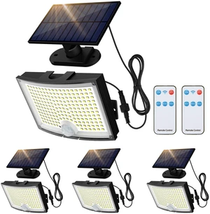 Solar Outdoor Lights 4 Pack, 202 LED Flood Light with 16.4 ft Cable Remote Control Solar Motion Sensor Outdoor Lights, 3 Modes Solar Powered Security Lights for Outside Patio, Yard, Garage Solar Outdoor Lights 4 Pack, 202 LED Flood Light with 16.4 ft Cable Remote Control Solar Motion Sensor Outdoor Lights, 3 Modes Solar Powered Security Lights for Outside Patio, Yard, Garage