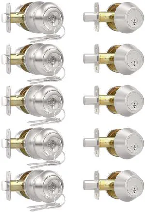 5 Pack Exterior Door Knob with Lock, Keyed Entry Front Door Lock Set Keyed Alike Entry Door Knob with Single Cylinder Deadbolt Lock, Brushed Nickel Reversible Knob for Bedroom, Adjustable Latch 5 Pack Exterior Door Knob with Lock, Keyed Entry Front Door Lock Set Keyed Alike Entry Door Knob with Single Cylinder Deadbolt Lock, Brushed Nickel Reversible Knob for Bedroom, Adjustable Latch