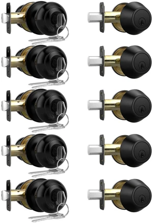 5 Pack Front Door Lock Set, Exterior Door Knob with Lock and Key Keyed Alike Reversible Door Knob with Lock, Matte Black Single Cylinder Deadbolt Lock for Front Back Door, Adjustable Latch 5 Pack Front Door Lock Set, Exterior Door Knob with Lock and Key Keyed Alike Reversible Door Knob with Lock, Matte Black Single Cylinder Deadbolt Lock for Front Back Door, Adjustable Latch
