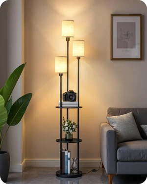 Floor Lamp with Shelves, Modern Floor Lamp with 3 Linen Shades and Foot Switch, 3-Light Standing Lamp, for Living Room, Bedroom, Study, Office, Black and Beige E53LD05 Floor Lamp with Shelves, Modern Floor Lamp with 3 Linen Shades and Foot Switch, 3-Light Standing Lamp, for Living Room, Bedroom, Study, Office, Black and Beige E53LD05