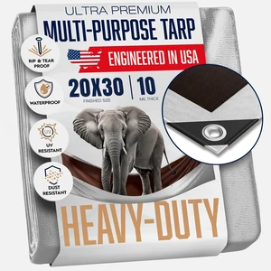 20x30 Heavy Duty Waterproof Tarps - 10 Mil Thick - Grommets Every 18 Inches Durable, Strong Weave, Premium Materials, Capped Corners, Tear & Fade Resistant, UV Treated, Reversible Silver/Brown Color 20x30 Heavy Duty Waterproof Tarps - 10 Mil Thick - Grommets Every 18 Inches Durable, Strong Weave, Premium Materials, Capped Corners, Tear & Fade Resistant, UV Treated, Reversible Silver/Brown Color