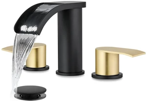 Waterfall Bathroom Faucet 3 Hole Round Body,Matte Black&Gold SUS304 8 Widespread Bathroom Sink Faucet,2.17 Wide Spout,24 cUPC Hose,Pop Up Drain,2 Handle,Vanity,Lavatory,Basin,RV Waterfall Bathroom Faucet 3 Hole Round Body,Matte Black&Gold SUS304 8 Widespread Bathroom Sink Faucet,2.17 Wide Spout,24 cUPC Hose,Pop Up Drain,2 Handle,Vanity,Lavatory,Basin,RV