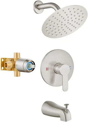 Shower Faucet Set with Tub Spout,8" Bathtub Faucet-Brushed Nickel Male Threads Rough-In Valve,Round Head Shower System,Tub and Shower Kit Set Shower Faucet Set with Tub Spout,8" Bathtub Faucet-Brushed Nickel Male Threads Rough-In Valve,Round Head Shower System,Tub and Shower Kit Set
