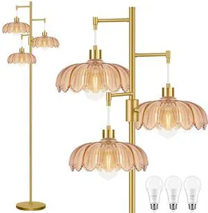 Dimmable Floor Lamp for Living Room Bedroom-3 Light Gold Floor Lamp with Glass Lampshape, Flower Tall Lamp Mid Century Modern Standing Lamp Glass Tree Floor Lamps for Living Room Bedroom,Corner Dimmable Floor Lamp for Living Room Bedroom-3 Light Gold Floor Lamp with Glass Lampshape, Flower Tall Lamp Mid Century Modern Standing Lamp Glass Tree Floor Lamps for Living Room Bedroom,Corner