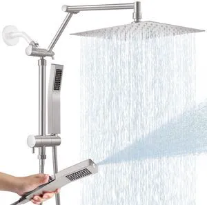 All Metal 10 Inch Rain Shower Head with Handheld Spray Combo, High Pressure Waterfall Rainfall Square Shower Heads with 16" Adjustable Extension Arm, Dual Showerhead with 3-Way Diverter,Brushed Nickel All Metal 10 Inch Rain Shower Head with Handheld Spray Combo, High Pressure Waterfall Rainfall Square Shower Heads with 16" Adjustable Extension Arm, Dual Showerhead with 3-Way Diverter,Brushed Nickel