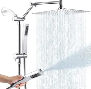 All Metal 10 Inch Rain Shower Head with Handheld Spray Combo, High Pressure Waterfall Rainfall Square Shower Heads with 16" Adjustable Extension Arm, Dual Showerhead with 3-Way Diverter, Chrome All Metal 10 Inch Rain Shower Head with Handheld Spray Combo, High Pressure Waterfall Rainfall Square Shower Heads with 16" Adjustable Extension Arm, Dual Showerhead with 3-Way Diverter, Chrome