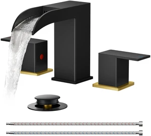 Bathroom Vanity Faucet 3 Hole 8 Inch Widespread Black and Gold Square Waterfall Bathroom Sink Faucet Two Handles with Pop-up Drain, Lead-Free, for RV Vanity Lavatory and Restroom Basin Bathroom Vanity Faucet 3 Hole 8 Inch Widespread Black and Gold Square Waterfall Bathroom Sink Faucet Two Handles with Pop-up Drain, Lead-Free, for RV Vanity Lavatory and Restroom Basin