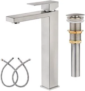 Vessel Sink Faucet Brushed Nickel 1 Hole Single Handle Tall Faucets Vanity Modern Utility Rv Laundry Bath Restroom Mixer Tap with Metal Pop Up Drain and 2 Water Supply Lines Vessel Sink Faucet Brushed Nickel 1 Hole Single Handle Tall Faucets Vanity Modern Utility Rv Laundry Bath Restroom Mixer Tap with Metal Pop Up Drain and 2 Water Supply Lines