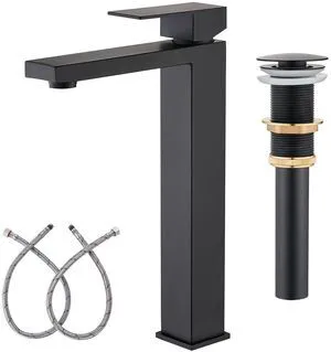 Matte Black Vessel Sink Faucet, 1 Hole Single Handle Tall Faucets Vanity Modern Utility Rv Laundry Bath Restroom Mixer Tap with Metal Pop Up Drain and 2 Water Supply Line Matte Black Vessel Sink Faucet, 1 Hole Single Handle Tall Faucets Vanity Modern Utility Rv Laundry Bath Restroom Mixer Tap with Metal Pop Up Drain and 2 Water Supply Line