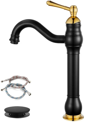 Vintage Bathroom Vessel Sink Faucet, Black&Polish Gold, with Drain Tall Bathroom Faucet 1 Hole Single Handle, 360° Swivel Spout, cUPC Water Lines, Lead-Free, for Farmhouse Vanity Washbasin RV Vintage Bathroom Vessel Sink Faucet, Black&Polish Gold, with Drain Tall Bathroom Faucet 1 Hole Single Handle, 360° Swivel Spout, cUPC Water Lines, Lead-Free, for Farmhouse Vanity Washbasin RV