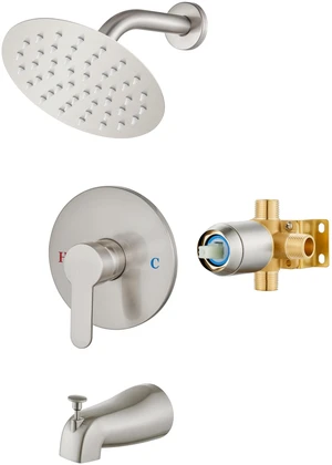 Shower Faucet Set with Tub Spout,6" Bathtub Faucet-Brushed Nickel Male Threads Rough-In Valve,Round Head Shower System,Tub and Shower Kit Set Shower Faucet Set with Tub Spout,6" Bathtub Faucet-Brushed Nickel Male Threads Rough-In Valve,Round Head Shower System,Tub and Shower Kit Set
